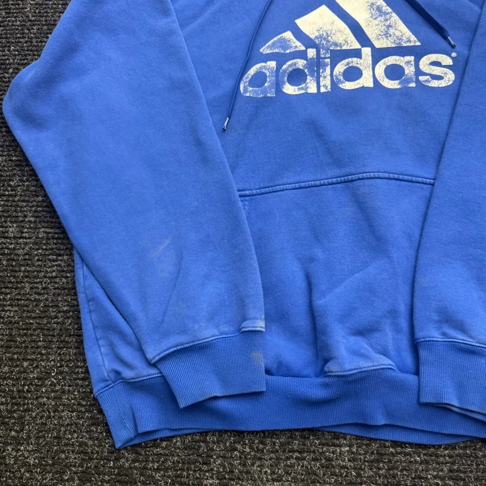 Adidas Hoodie Mens 2XL Blue Pullover Distressed Logo Fleece Sweatshirt RN119208
